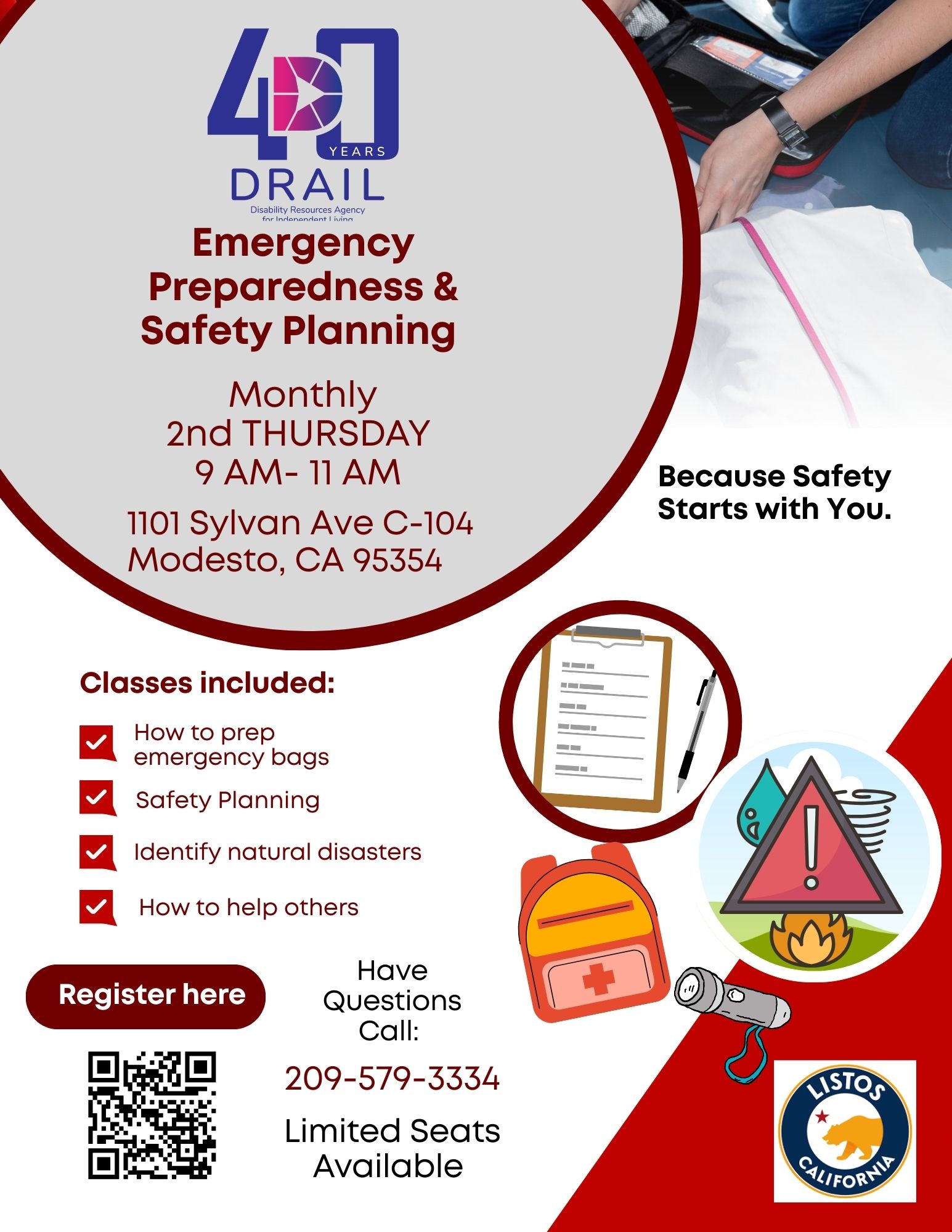 Flyer with icons of an emergency kit, clipboard, flashlight, and hazard symbols with the information above.
